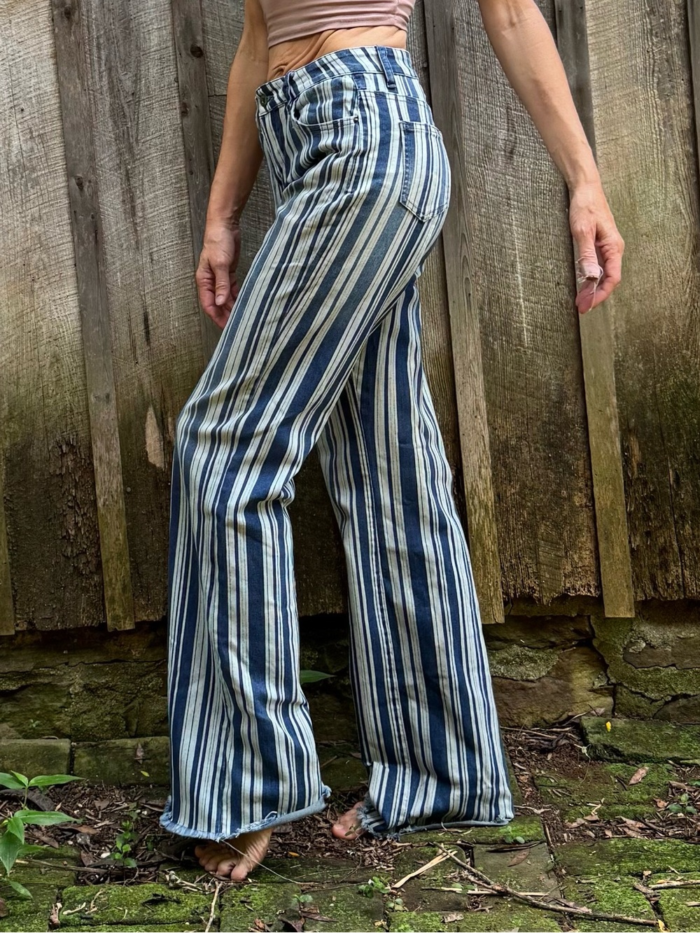 Striped Wide Leg Jeans - Blue and Cream